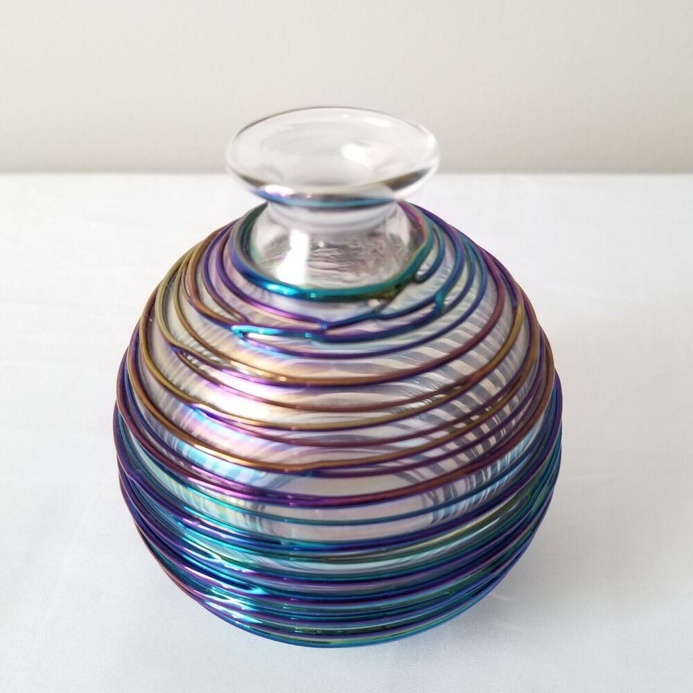 VTG Art Blown Glass Bottle Bud Vase Blue Copper Purple Iridescent Heavy Small